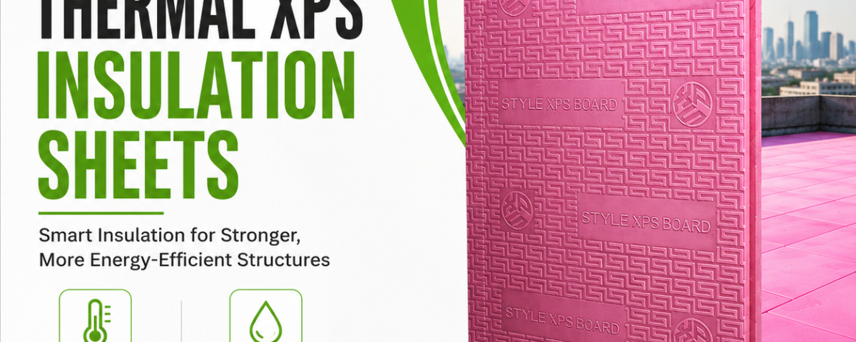 Thermal XPS insulation sheets by Style Group featuring pink XPS boards with high thermal insulation, moisture resistance, strength, and efficiency.